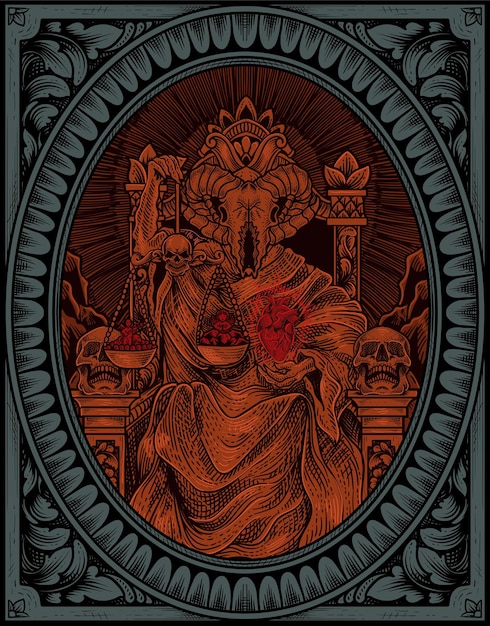 Ilustração do rei satanás em estilo de ornamento de gravura gótica