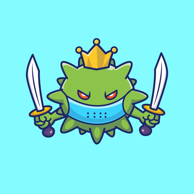 Ilustração do rei virus holding swords. personagem de desenho animado de mascote de corona. conceito de vírus isolado