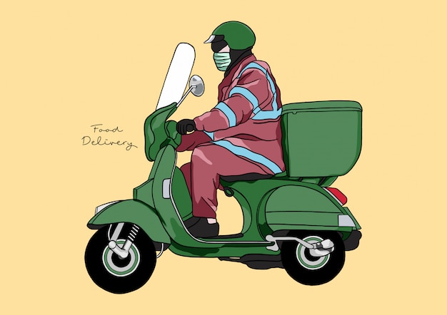 Ilustração do serviço de entrega de alimentos / homem / motocicleta com proteção total durante a pandemia de covid-19