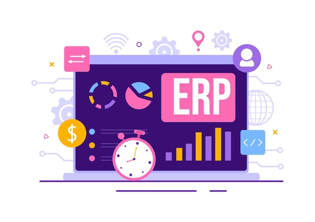 Vetor ilustração do sistema erp enterprise resource planning com integração e aprimoramento de negócios