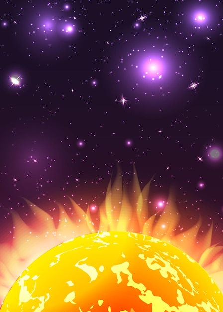 Ilustração do sol com raios no espaço com estrelas Fundo vetorial para sua criatividade