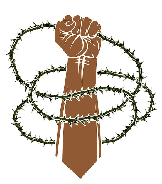 Vetor ilustração do tema escravidão com mão forte punho cerrado lutando pela liberdade contra espinho blackthorn, logotipo de vetor ou tatuagem, através dos espinhos para o conceito de estrelas.
