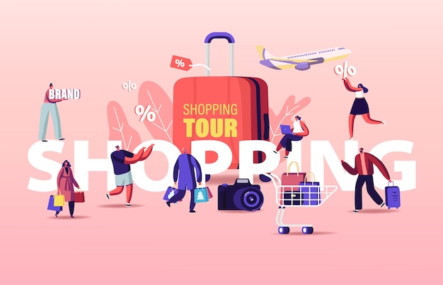Ilustração do tour de compras. Venda sazonal de personagens de compradores.