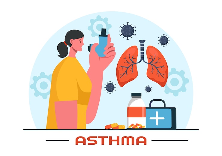 Vetor ilustração do vetor da doença de asma com pulmões humanos e inaladores para respirar em um fundo de desenho animado de estilo plano de saúde