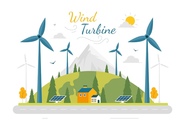 Ilustração do vetor da turbina eólica com um conceito de energia sustentável e renovável com uma paisagem natural verde e fundo montanhoso