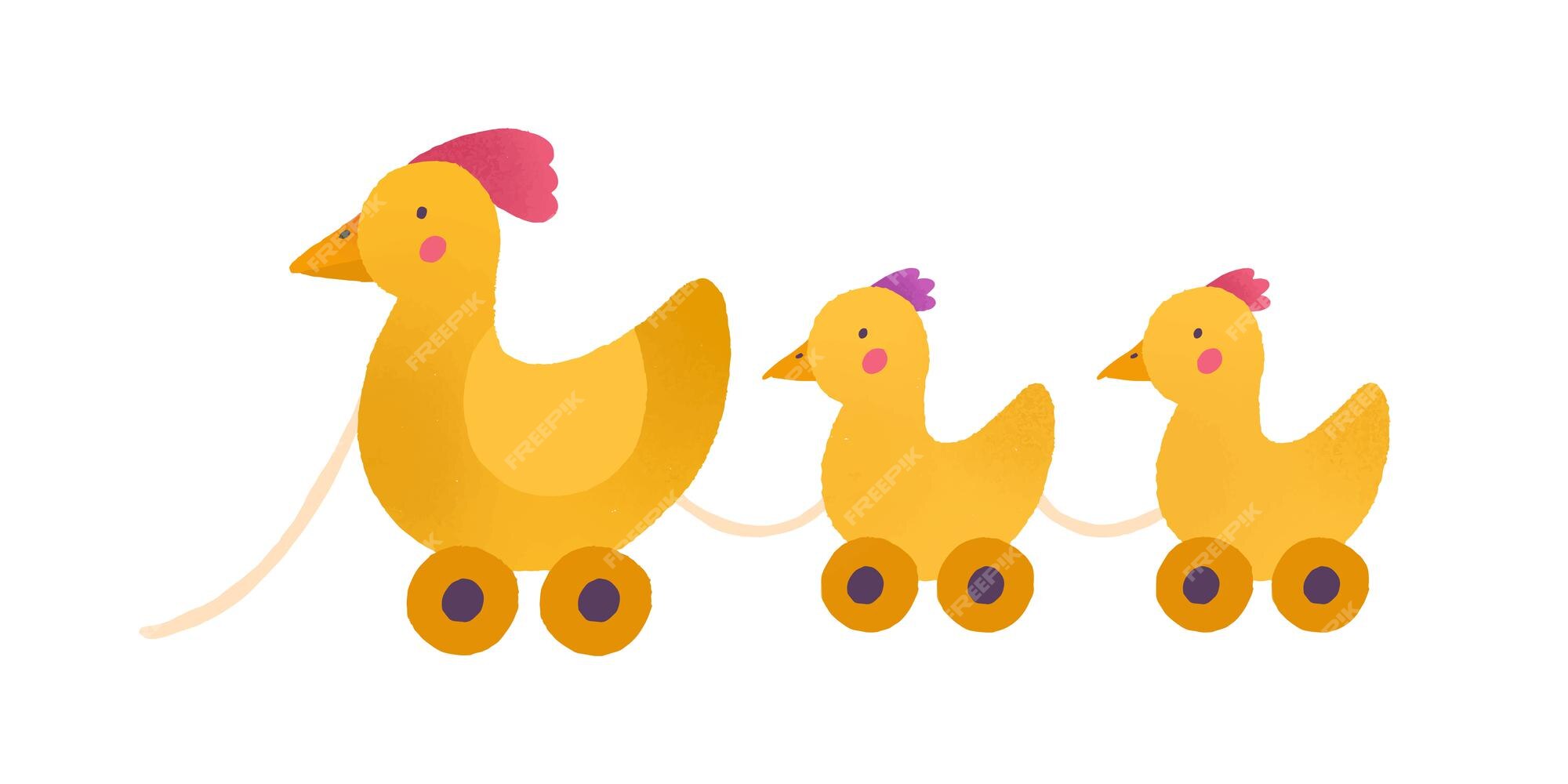 Ilustração do vetor de bebês de galinha e frango de brinquedo. animais  fofos amarelos sobre rodas conectados com corda isolada no fundo branco.  pássaro de fazenda adorável com desenho infantil de pintinhos.