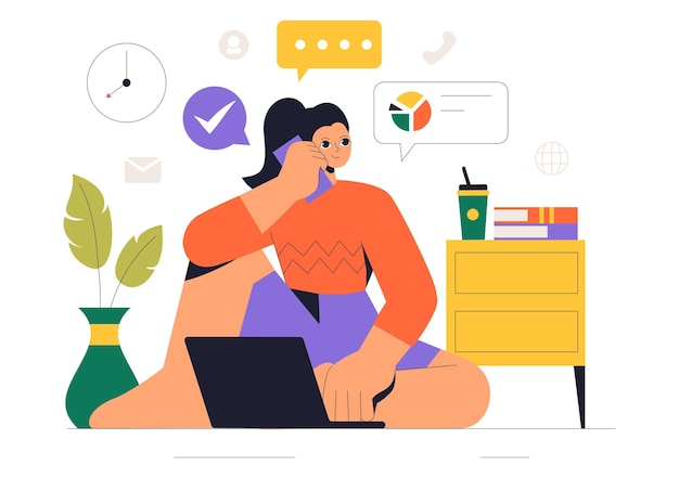 Ilustração do vetor de configuração de trabalho remoto de um ambiente de vida laboral equilibrado com horário flexível, enfatizando a flexibilidade e a produtividade a partir de casa