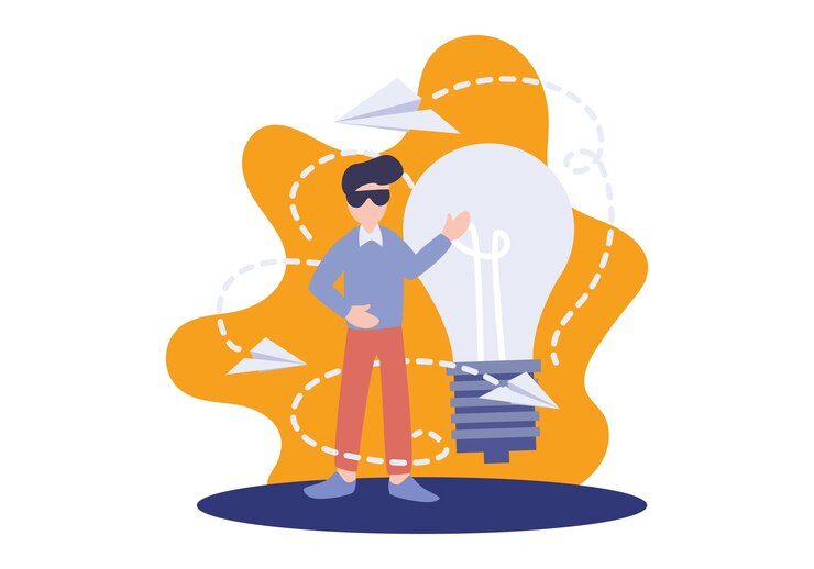 Vetor ilustração do vetor de empresários planos de solução criativa grande lâmpada com um homem e um avião de papel