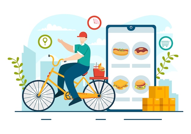 Vetor ilustração do vetor de entrega de alimentos on-line com encomenda de alimentos no telefone e será entregue