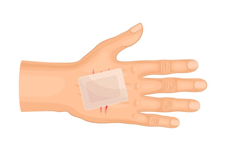 Vetor ilustração do vetor de ferida ou corte de mão com adesivo médico
