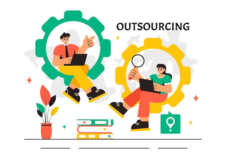 Vetor ilustração do vetor de negócios de terceirização com o trabalho em equipe, o crescimento da empresa, o investimento e a delegação do projeto exibidos em segundo plano