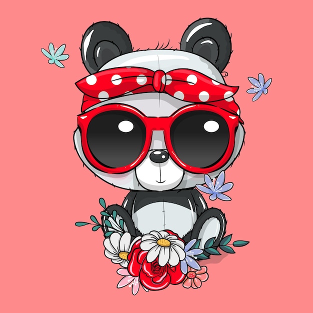 Ilustração do vetor de panda bonito dos desenhos animados com bandana e óculos