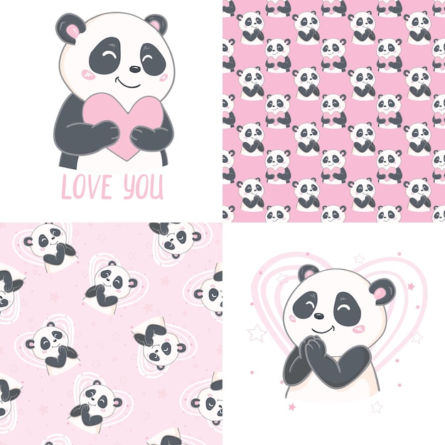 Ilustração do vetor de Panda e coração com padrão sem costura