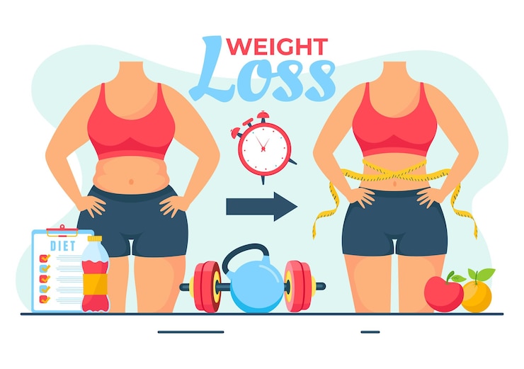 Vetor ilustração do vetor de perda de peso do conceito de transformação do corpo feminino com dieta e estilo de vida saudável