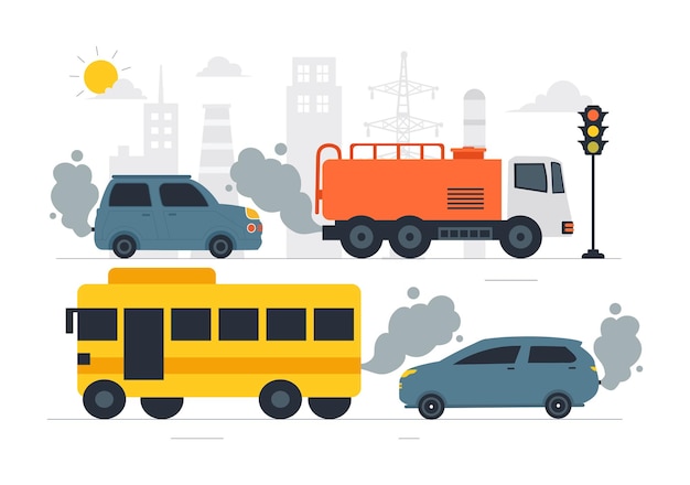 Ilustração do vetor de poluição atmosférica dos automóveis com um ambiente urbano poluído, tráfego de veículos e emissões tóxicas dos automóveis e dos transportes