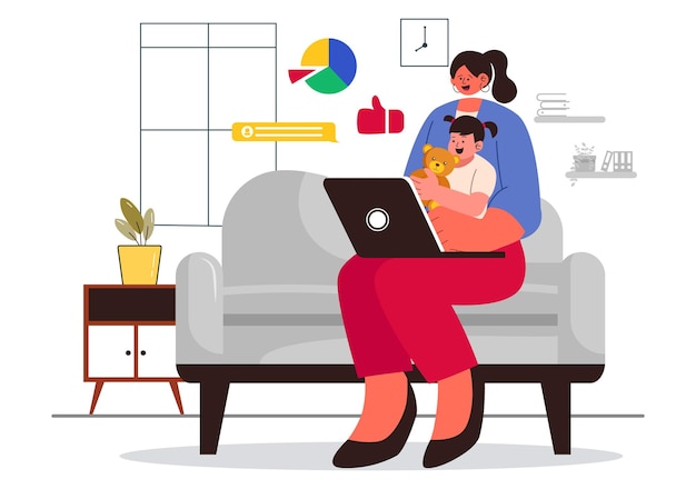 Ilustração do vetor de vida de Working Mom39s com uma mãe equilibrando o trabalho e o cuidado das crianças em casa Multitasking em um fundo de desenho animado de estilo plano