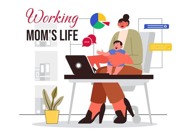 Ilustração do vetor de vida de Working Mom39s com uma mãe equilibrando o trabalho e o cuidado das crianças em casa Multitasking em um fundo de desenho animado de estilo plano