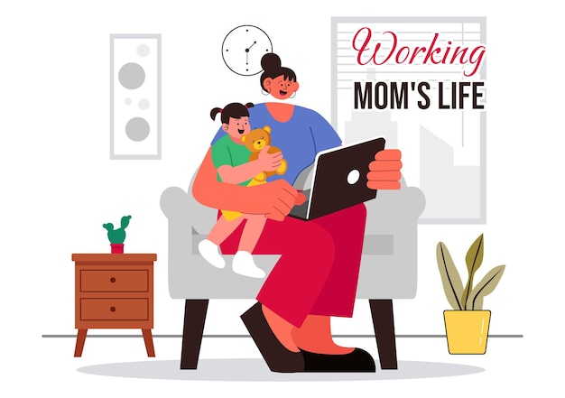 Ilustração do vetor de vida de Working Mom39s com uma mãe equilibrando o trabalho e o cuidado das crianças em casa Multitasking em um fundo de desenho animado de estilo plano