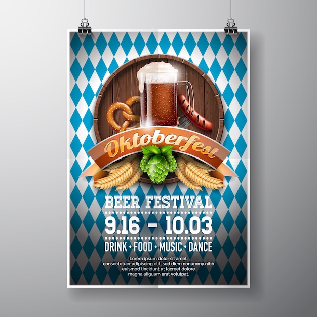 Vetor ilustração do vetor do cartaz de oktoberfest com cerveja escura fresca no fundo da textura de madeira. molde do folheto da celebração para o festival tradicional da cerveja alemão.