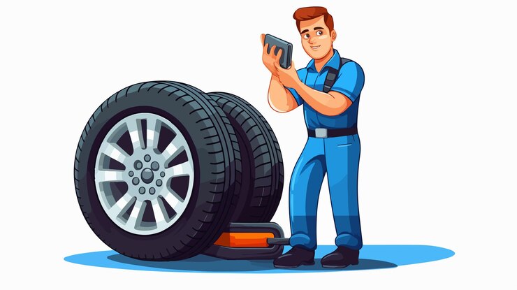 Vetor ilustração do vetor do pneu verificado pelo mecânico profissional de automóveis