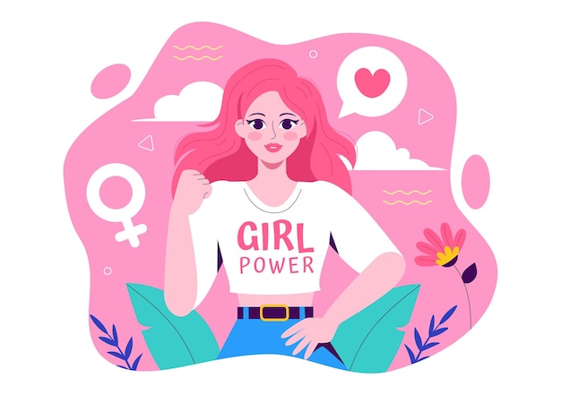 Ilustração do vetor do poder feminino para as mulheres como fortes e independentes defendendo os direitos e a diversidade das mulheres em um fundo de desenho animado de estilo plano