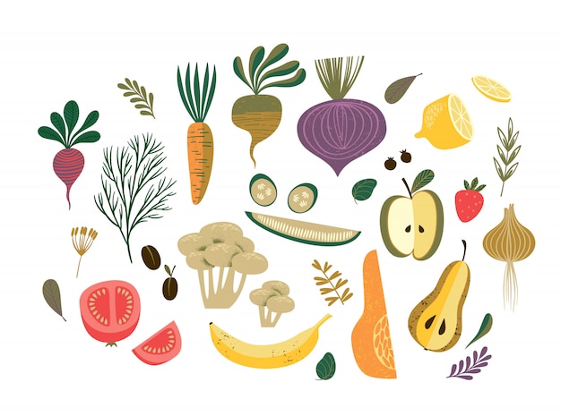 Ilustração do vetor dos vegetais e da fruta.