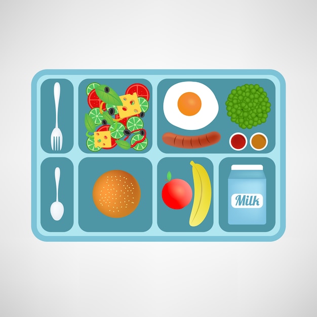 Vetor ilustração do vetor. estilo plano. almoço escolar. alimentos saudáveis ​​para estudantes.