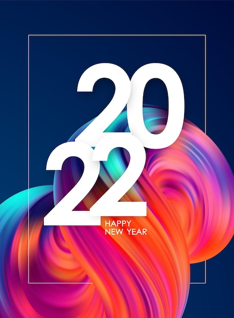 Ilustração do vetor: feliz ano novo 2022. cartaz de saudação com forma fluida abstrata colorida. design moderno