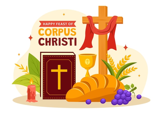 Vetor ilustração do vetor religioso católico do corpo de cristo com pão e uvas da cruz do dia da festa