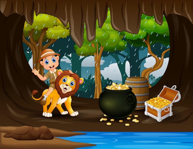 Ilustração do zookeeper feliz e do leão na caverna do tesouro
