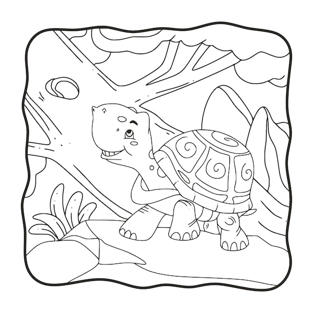Ilustração dos desenhos animados: a tartaruga está andando sobre o livro de rock ou página para crianças em preto e branco