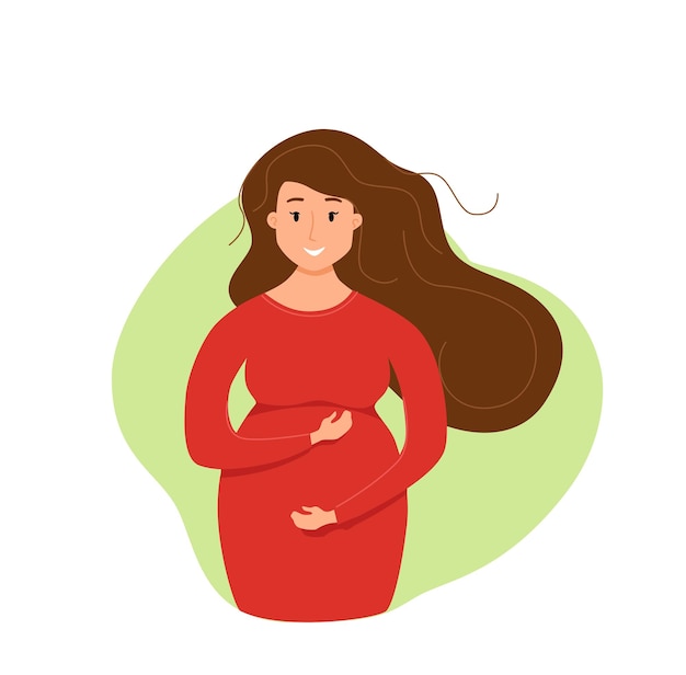 Ilustração dos desenhos animados coloridos do vetor da jovem feliz grávida. linda futura mãe acariciando sua barriga. conceito de design de maternidade para lojas, revistas, promoções