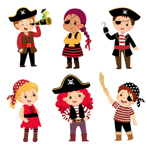 Vetor ilustração dos desenhos animados conjunto de lindos filhos vestidos com fantasias de pirata.