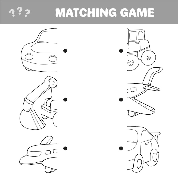 Ilustração dos desenhos animados da atividade de educação pré-escolar com jogo de metades de correspondência. jogo de correspondência para itens de automóveis e carros infantis. livro de colorir