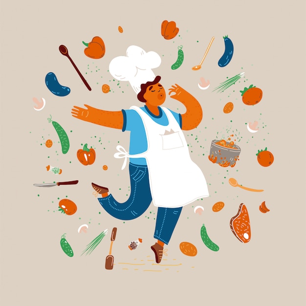 Vetor ilustração dos desenhos animados da casa e pequeno restaurante masculino homem cozinhar conceito - chef homem mostrando sinal de delicioso, com gesto de aprovação de sabor.