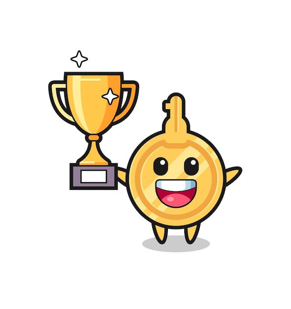 Vetor ilustração dos desenhos animados da chave está feliz segurando o troféu dourado, design fofo