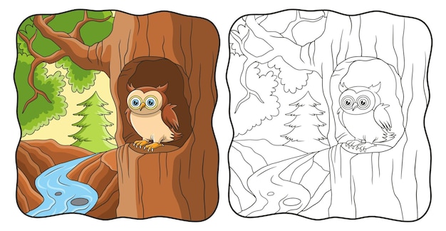 Ilustração dos desenhos animados da coruja empoleirada no tronco da árvore à noite, livro ou página para crianças em preto e branco