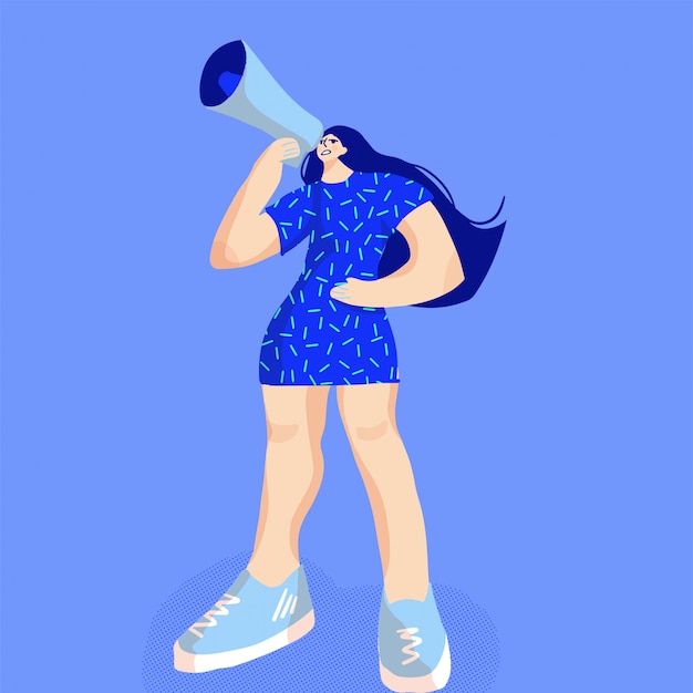 Ilustração dos desenhos animados da mulher retrato gritando com um megafone.