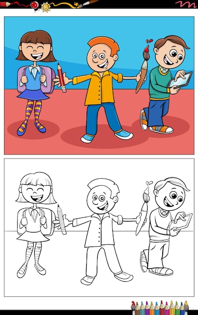 Ilustração dos desenhos animados da página do livro para colorir de personagens de crianças do ensino fundamental