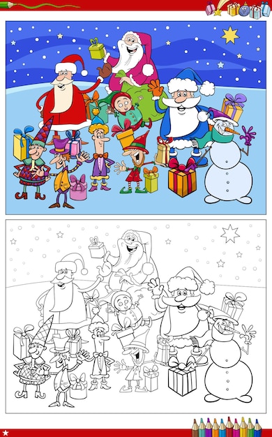 Ilustração dos desenhos animados da página do livro para colorir do grupo de personagens de papai noel e natal