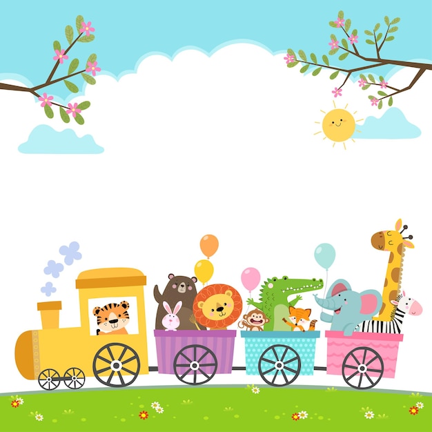 Ilustração dos desenhos animados de animais felizes no trem.