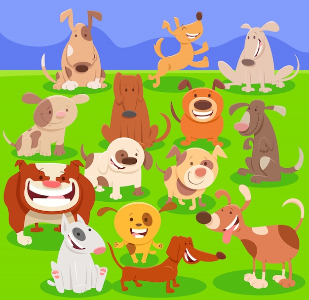 Vetor ilustração dos desenhos animados de cães engraçados e grupo de filhotes