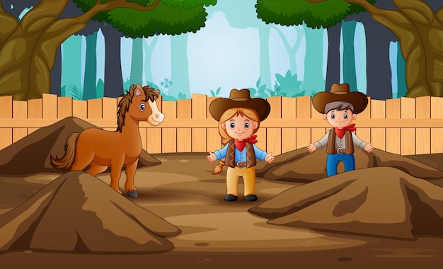 Ilustração dos desenhos animados de cowboy e cowgirl na fazenda com um cavalo