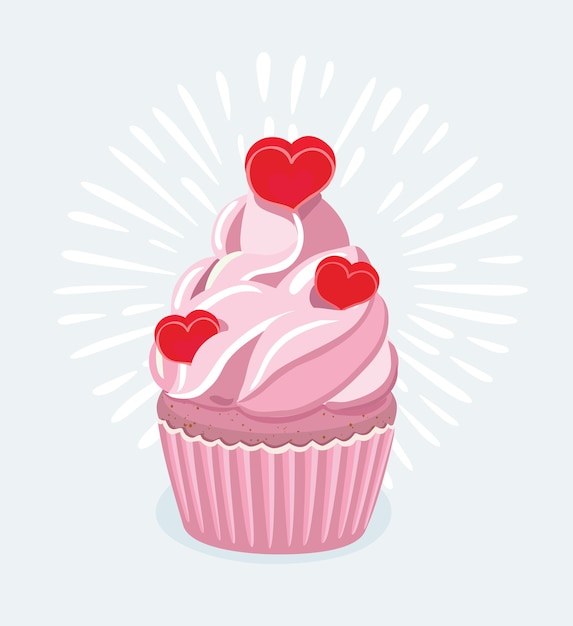 Ilustração dos desenhos animados de cupcake decorado com um palito em forma de coração