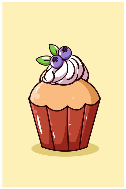 Ilustração dos desenhos animados de cupcake doce com mirtilos