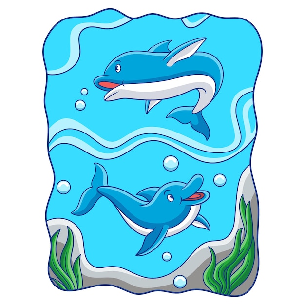 Ilustração dos desenhos animados de dois golfinhos brincando no mar