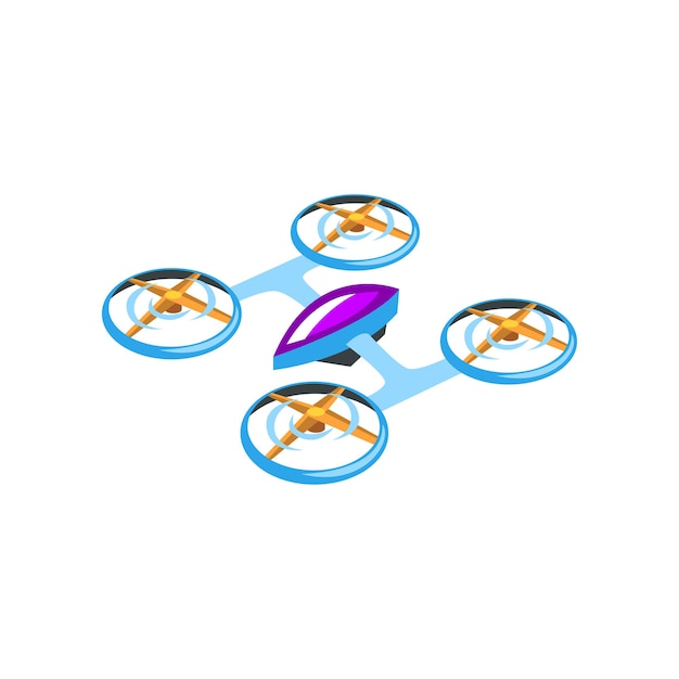 Ilustração dos desenhos animados de drone voador. quadrocopter controlado por rádio com quatro hélices. tecnologia moderna. design gráfico para cartaz promocional ou banner. ícone de vetor plano colorido isolado no branco.