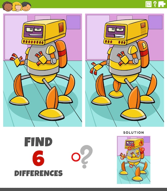 Ilustração dos desenhos animados de encontrar as diferenças entre o jogo educacional de fotos com personagem de robô em quadrinhos