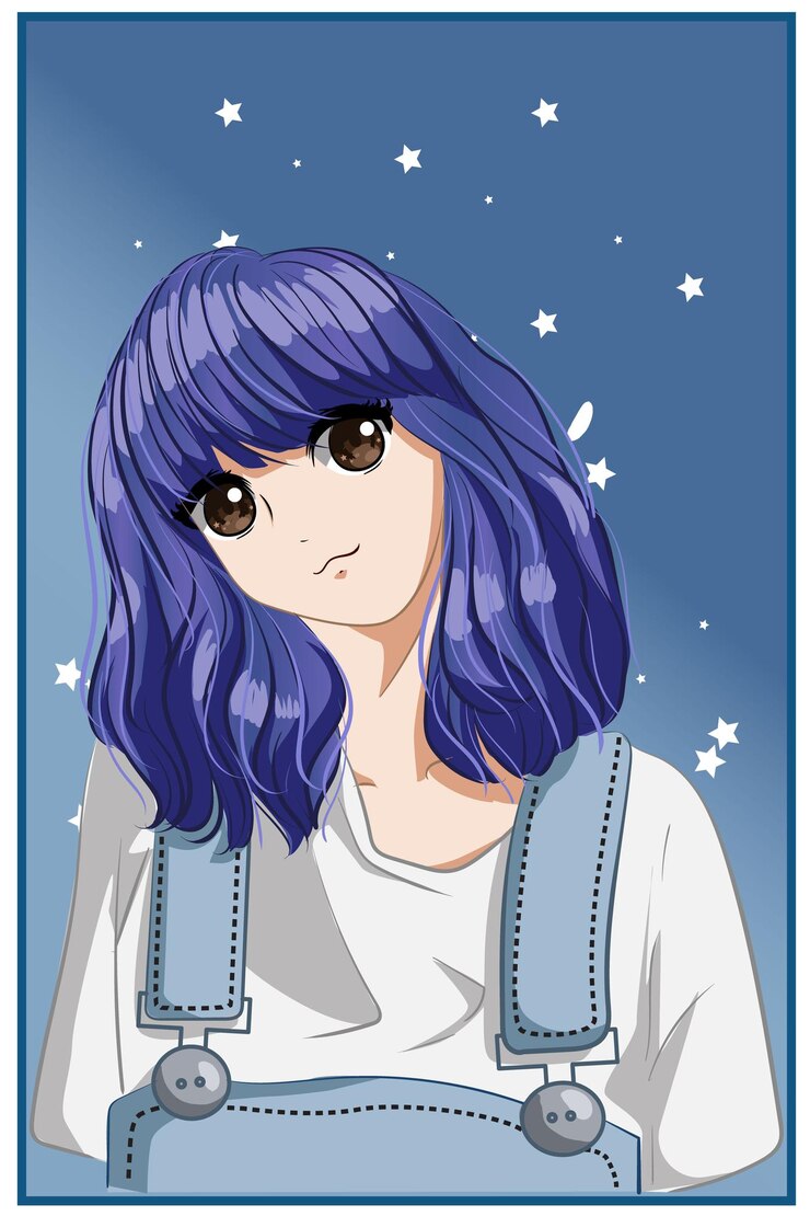 Vetor ilustração dos desenhos animados de garota fofa e linda com cabelo curto roxo