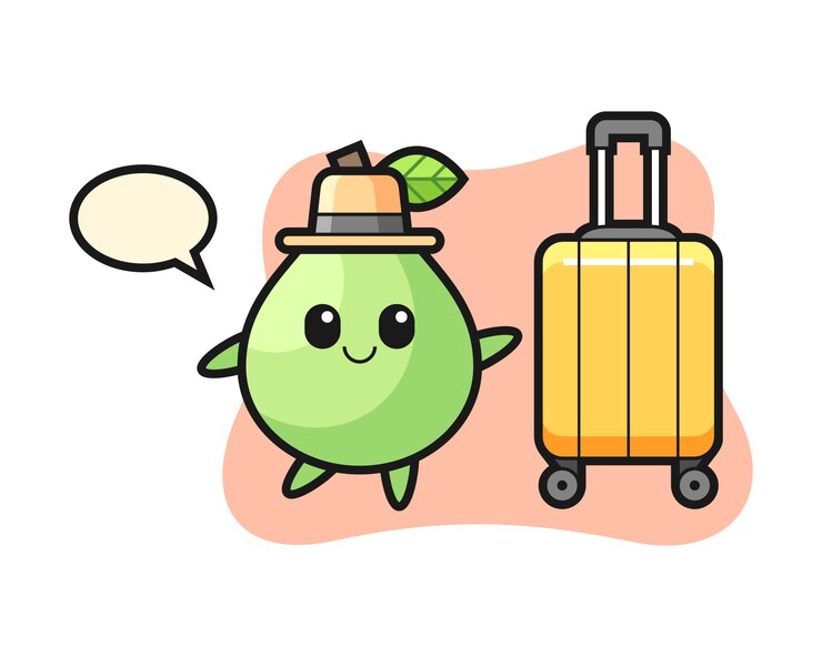 Vetor ilustração dos desenhos animados de goiaba com bagagem de férias, design de estilo bonito para camiseta, adesivo, elemento do logotipo